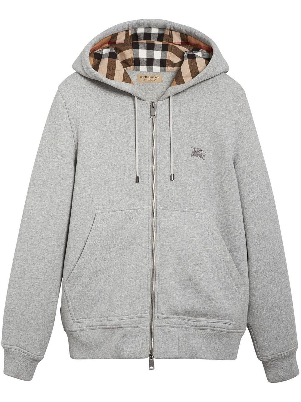 Burberry Cotton Check Detail Hooded Sweatshirt in Grey (Gray) for Men - Lyst