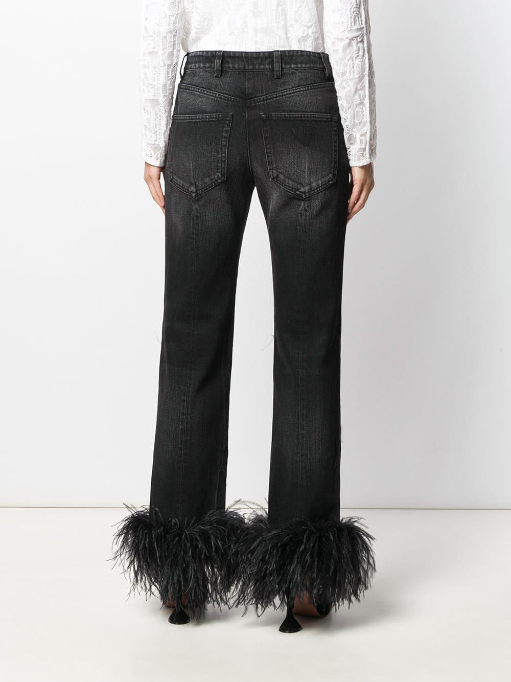 Prada Denim Bootcut Jeans Met Veren in het Zwart