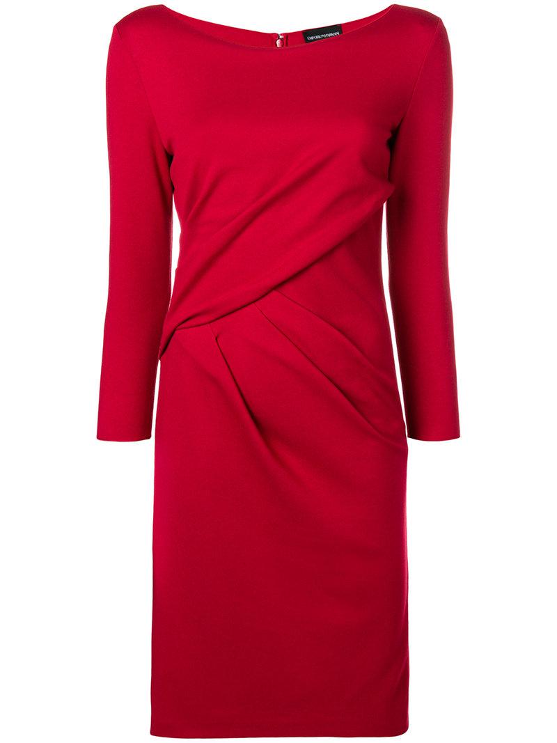 Emporio Armani Synthetic Ruched Fitted Midi Dress in Red - Lyst