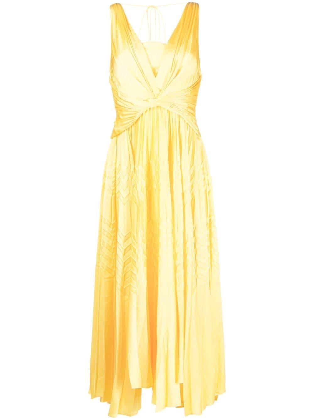 Acler Bettencourt Pleated Satin Midi Dress in Yellow | Lyst