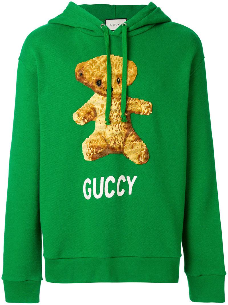 Gucci Cotton Embroidedered Teddy Bear Hoodie in Green for Men - Lyst