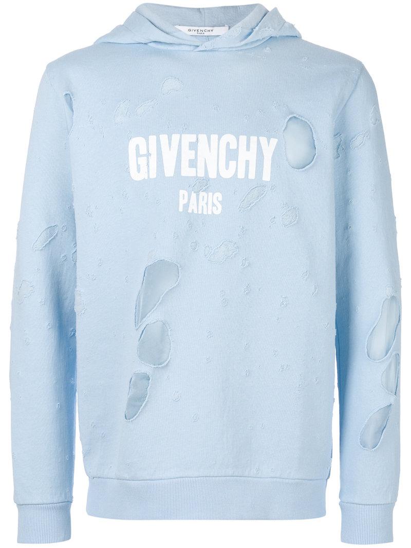 Givenchy Distressed Hoodie in Blue for Men | Lyst