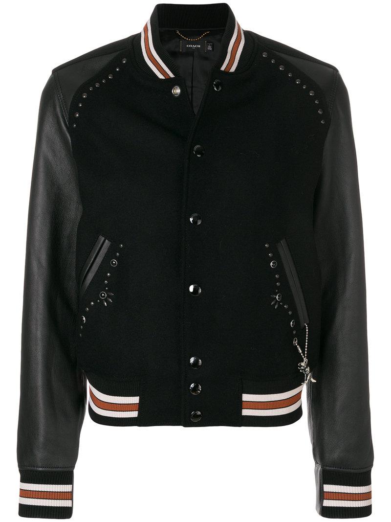 COACH Satin Embellished Varsity Jacket in Black Lyst
