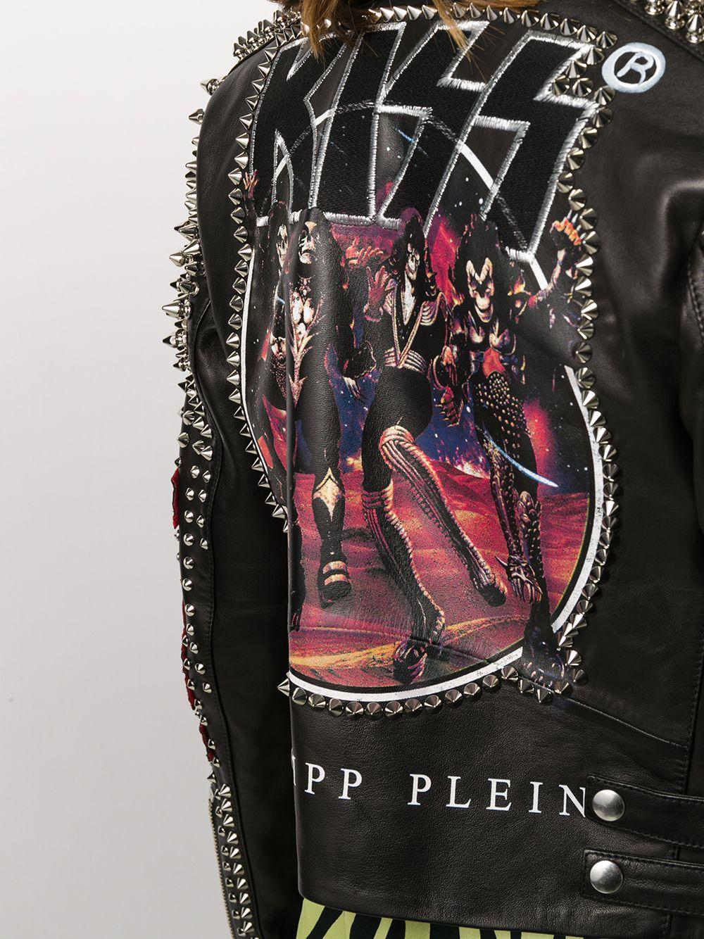 Philipp Plein Kiss-print Spike-stud Biker Jacket in Black | Lyst