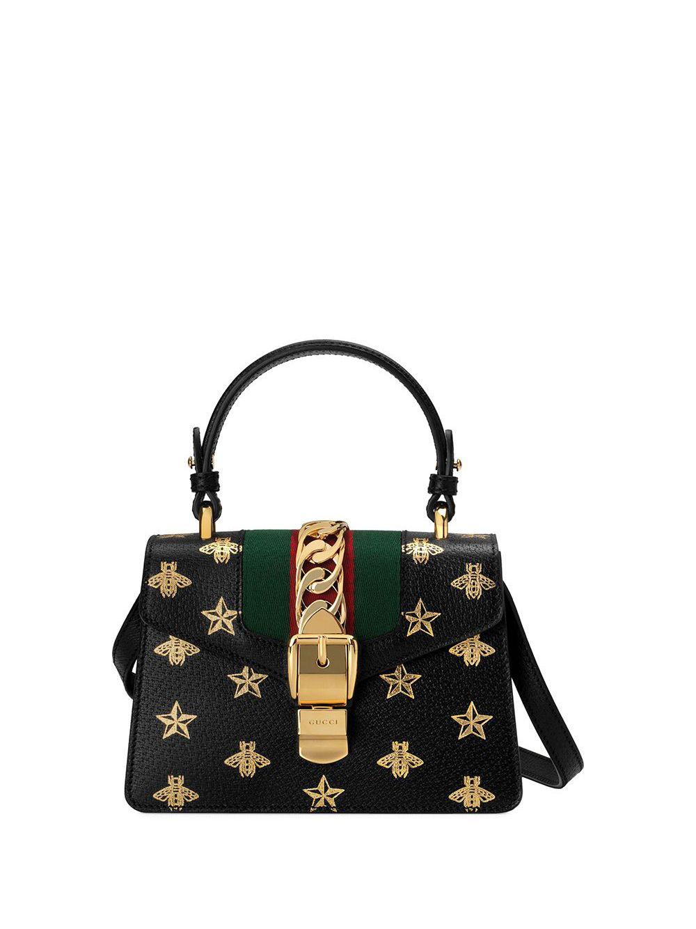 Gucci Sylvie Bee Star Mini Leather Bag in Black | Lyst