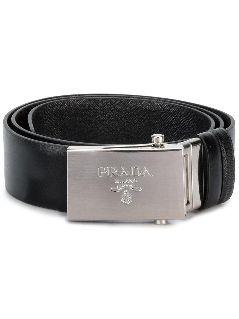 Prada Leather Logo Embossed Buckle Belt in Black for Men Lyst