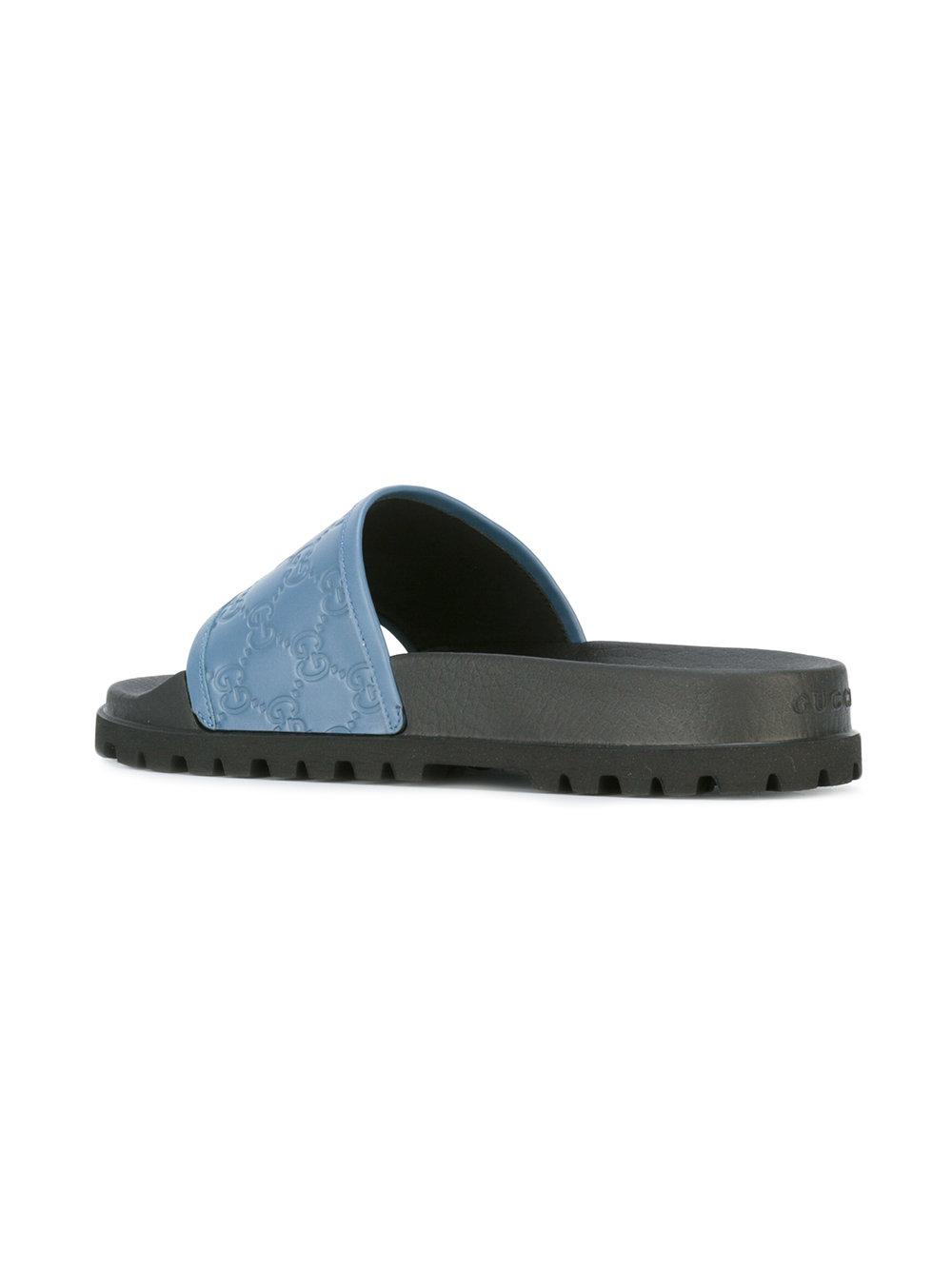 Gucci Leather Signature Pool Slides in Blue for Men Lyst