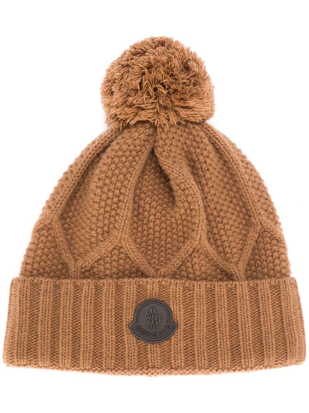 Moncler Wool Logo Patch Pompom Beanie in Brown for Men - Lyst