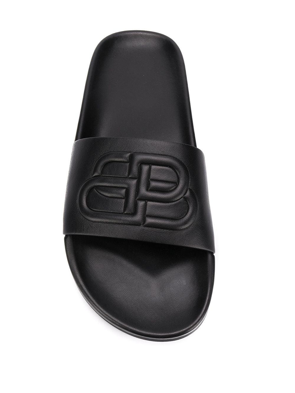Balenciaga Piscine Bb-logo Leather Slides in Black | Lyst