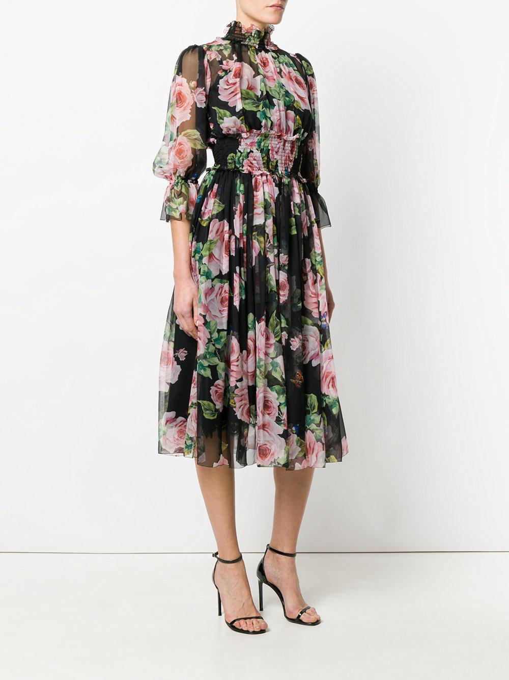 Dolce & Gabbana Rose Print Chiffon Dress in Black | Lyst