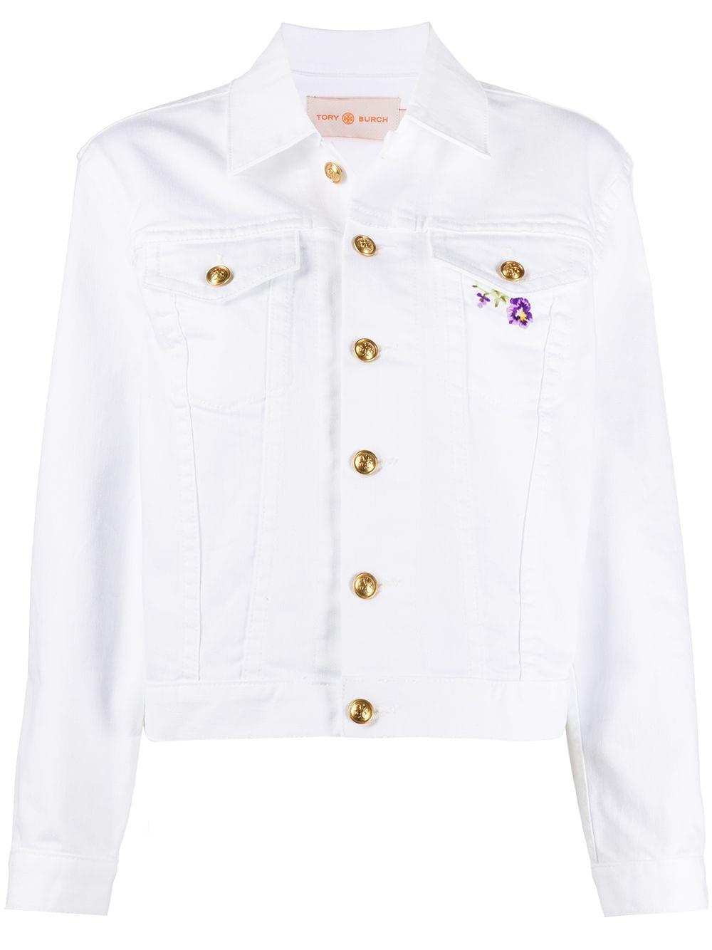 Tory Burch Embroidered Denim Jacket in White - Lyst