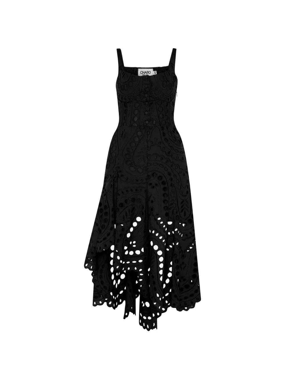 asymmetrical satin dress with fringes Whimsy Asymmetrical Midi Dress Black