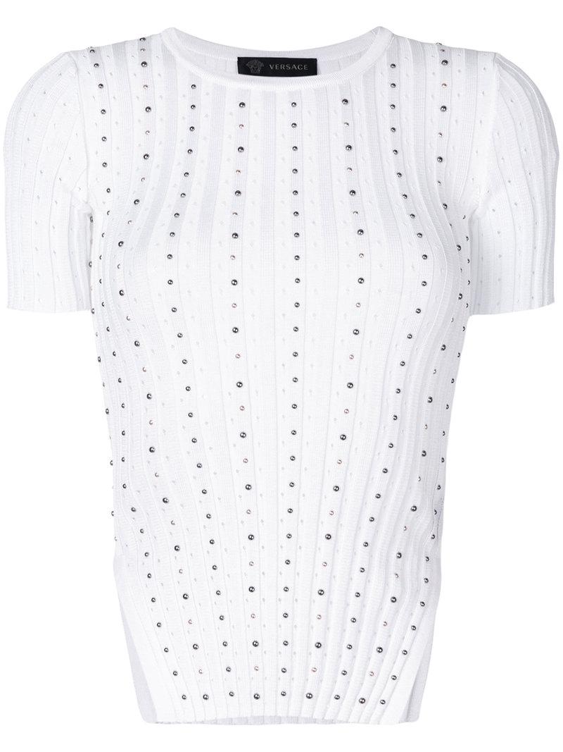 Versace Cotton Shortsleeved Studded Jumper in White - Lyst