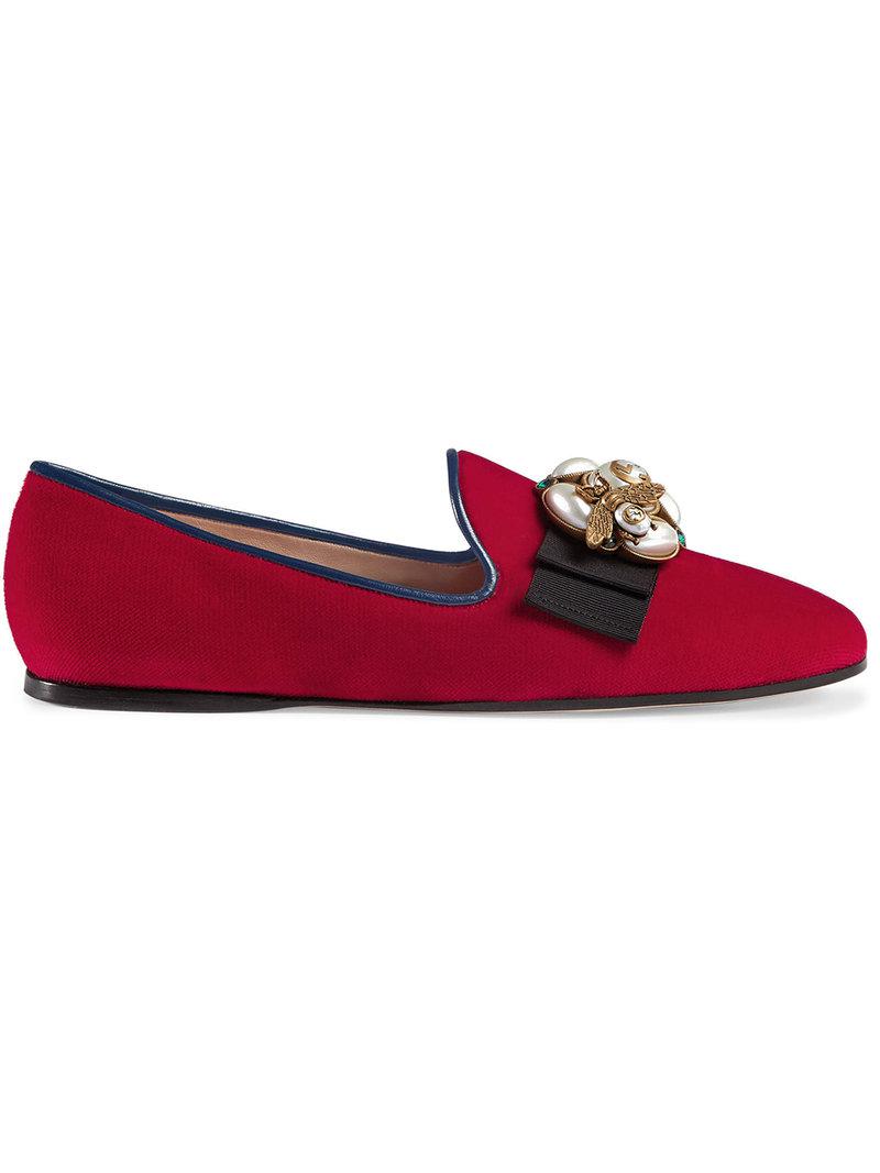 Gucci Velvet Ballet Flat With Bee in Red | Lyst