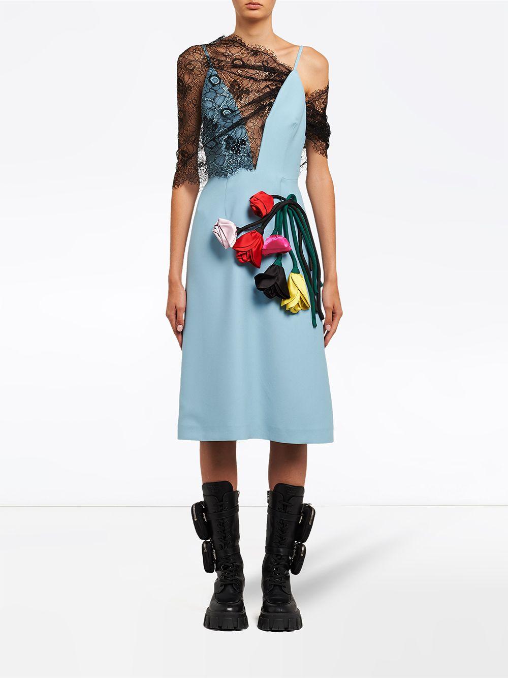 Prada Flower Embellishments Lace And Cady Dress in Blue | Lyst Australia