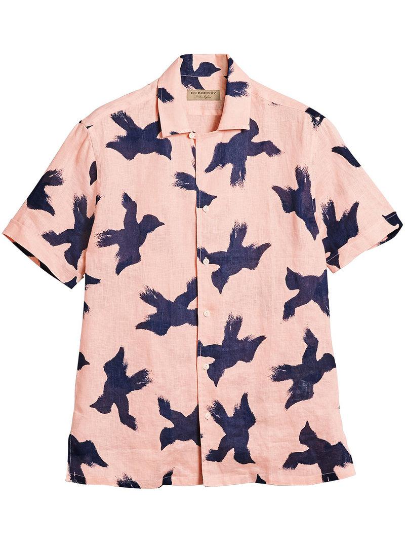 Burberry Short-sleeve Bird Print Linen Shirt in Pink for Men | Lyst