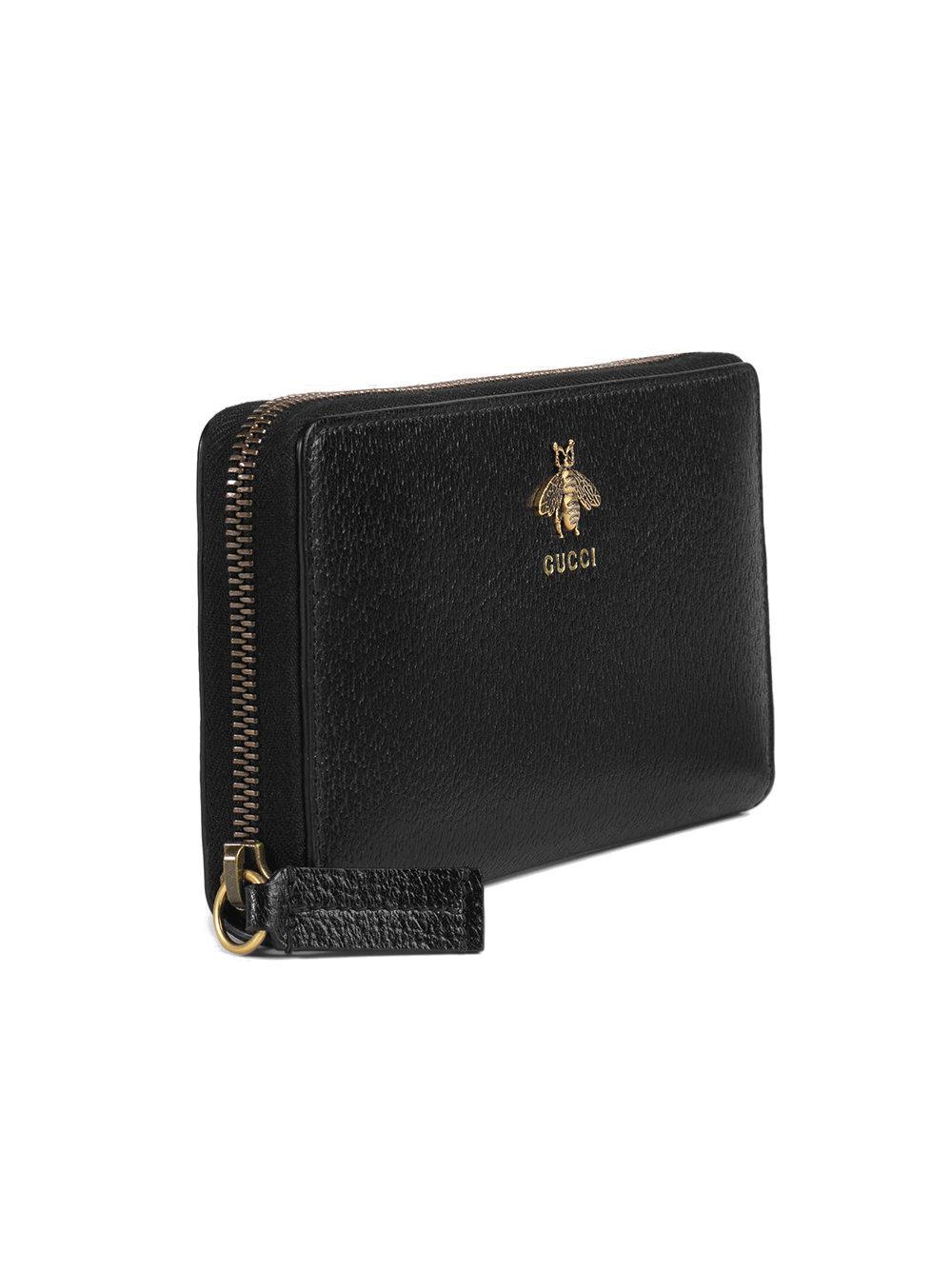 Gucci Animalier Leather Zip Around Wallet in Black for Men - Lyst