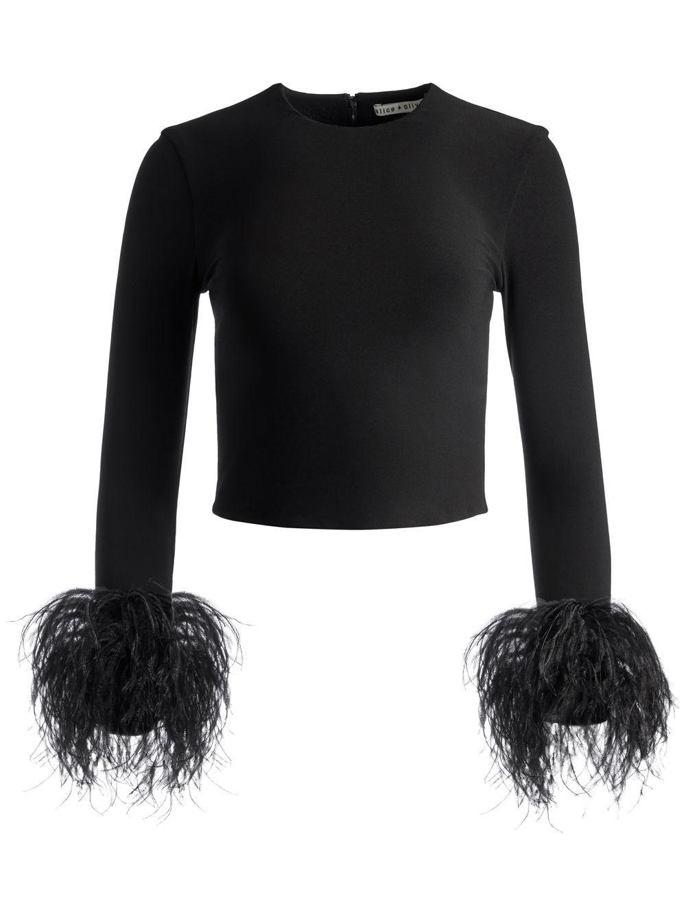 Alice + Olivia Delaina Feather-sleeve Crop-top in Black | Lyst