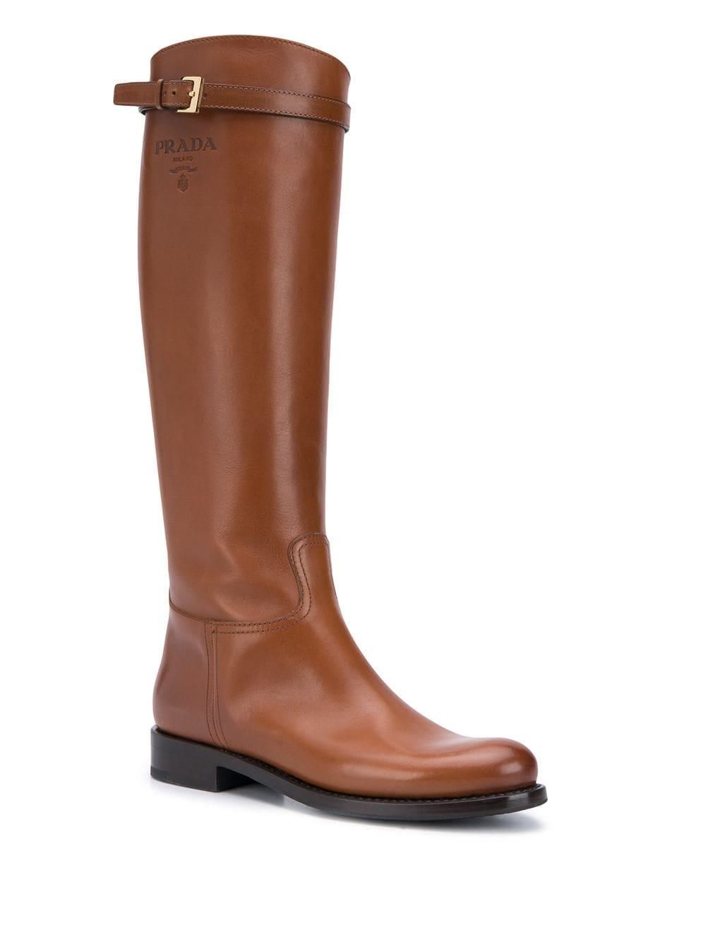 Prada 30 Logo-embossed Leather Knee Boots in Brown | Lyst