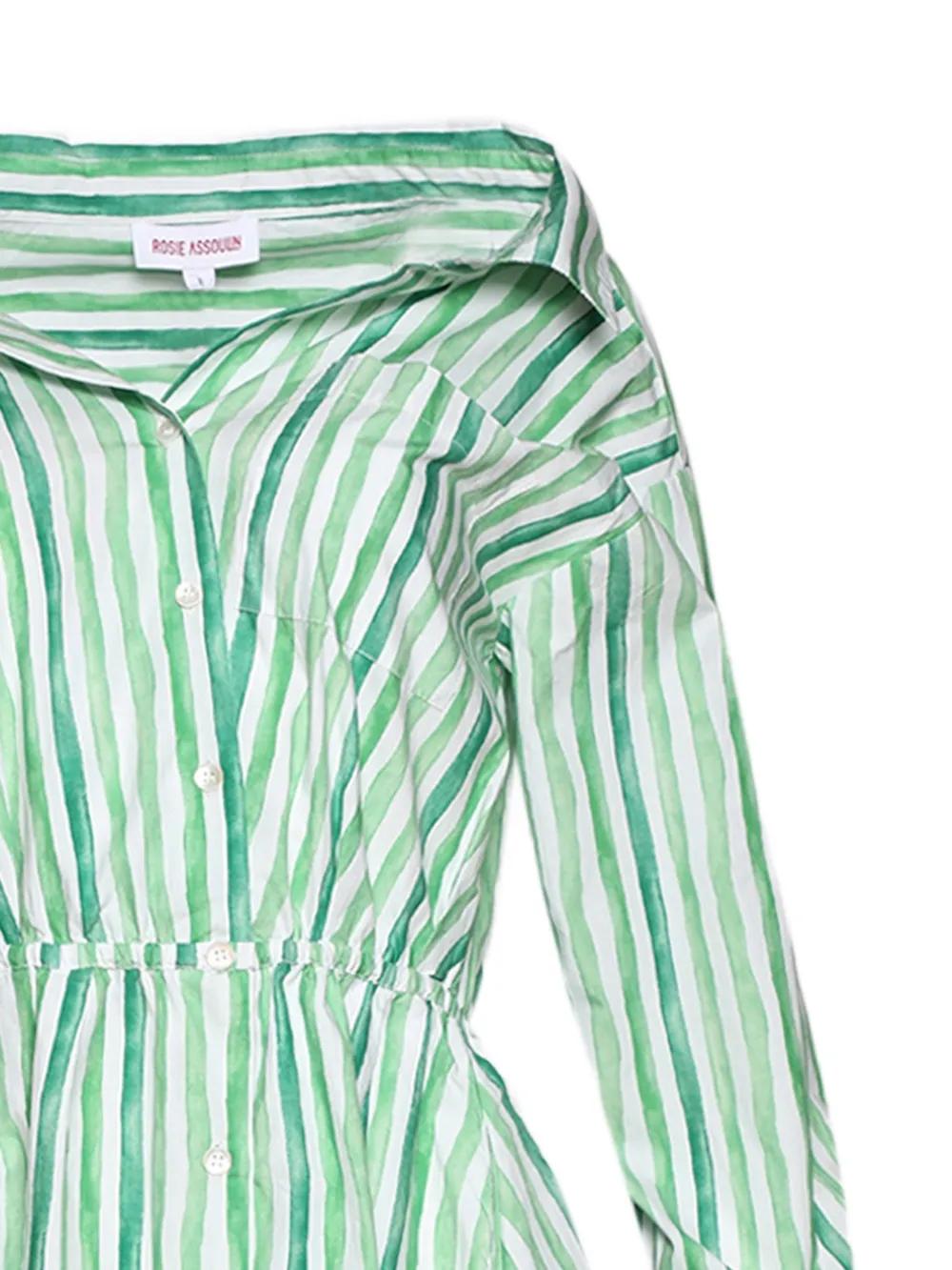 slim fit dress slacks Rosie Assoulin Women's Gathered Ruffle Shirt Dress, Blue/Green Stripe, Cotton | Size: 2