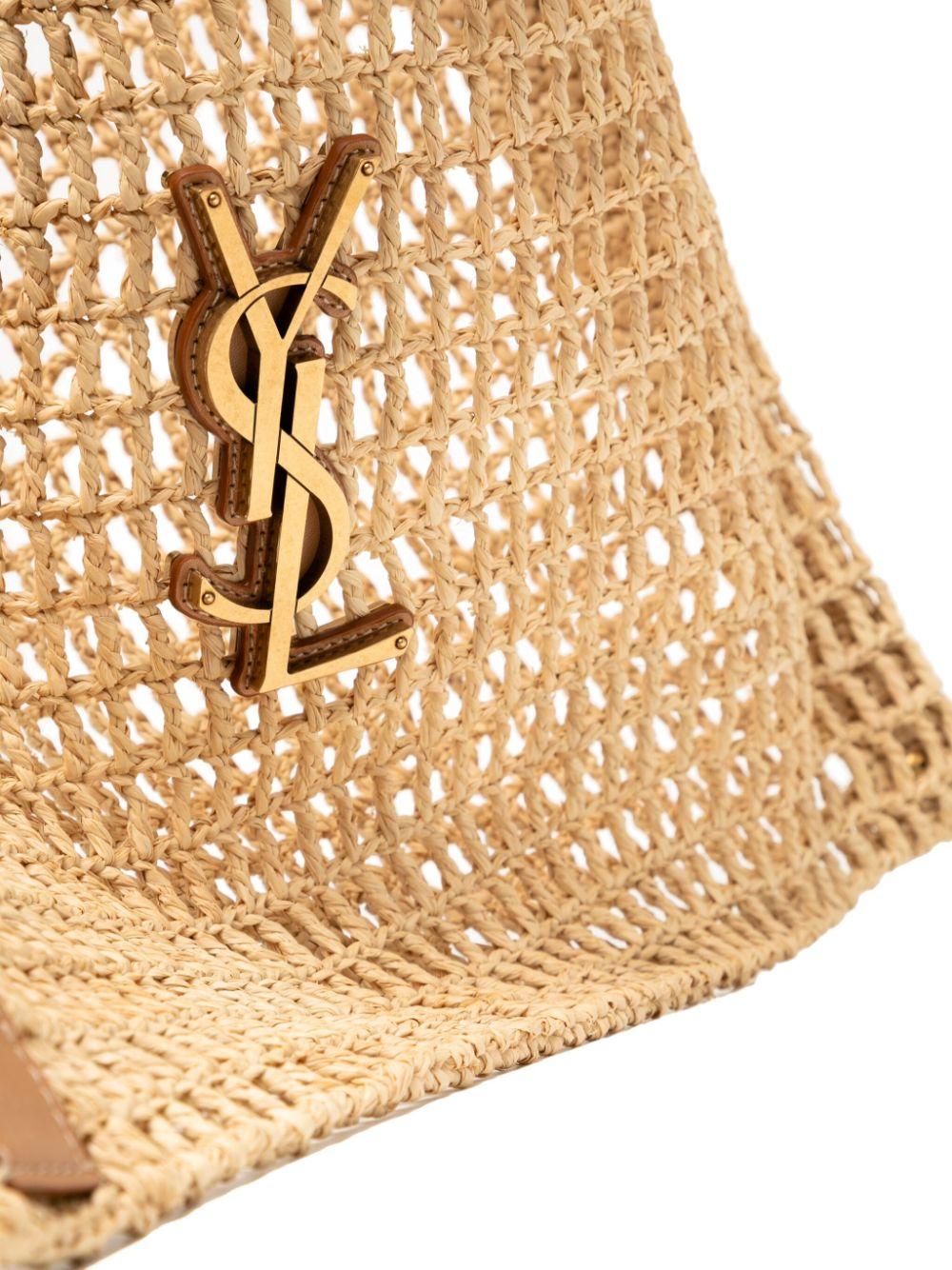 Bolso shopper de rafia con diseño calado y logo Saint Laurent de
