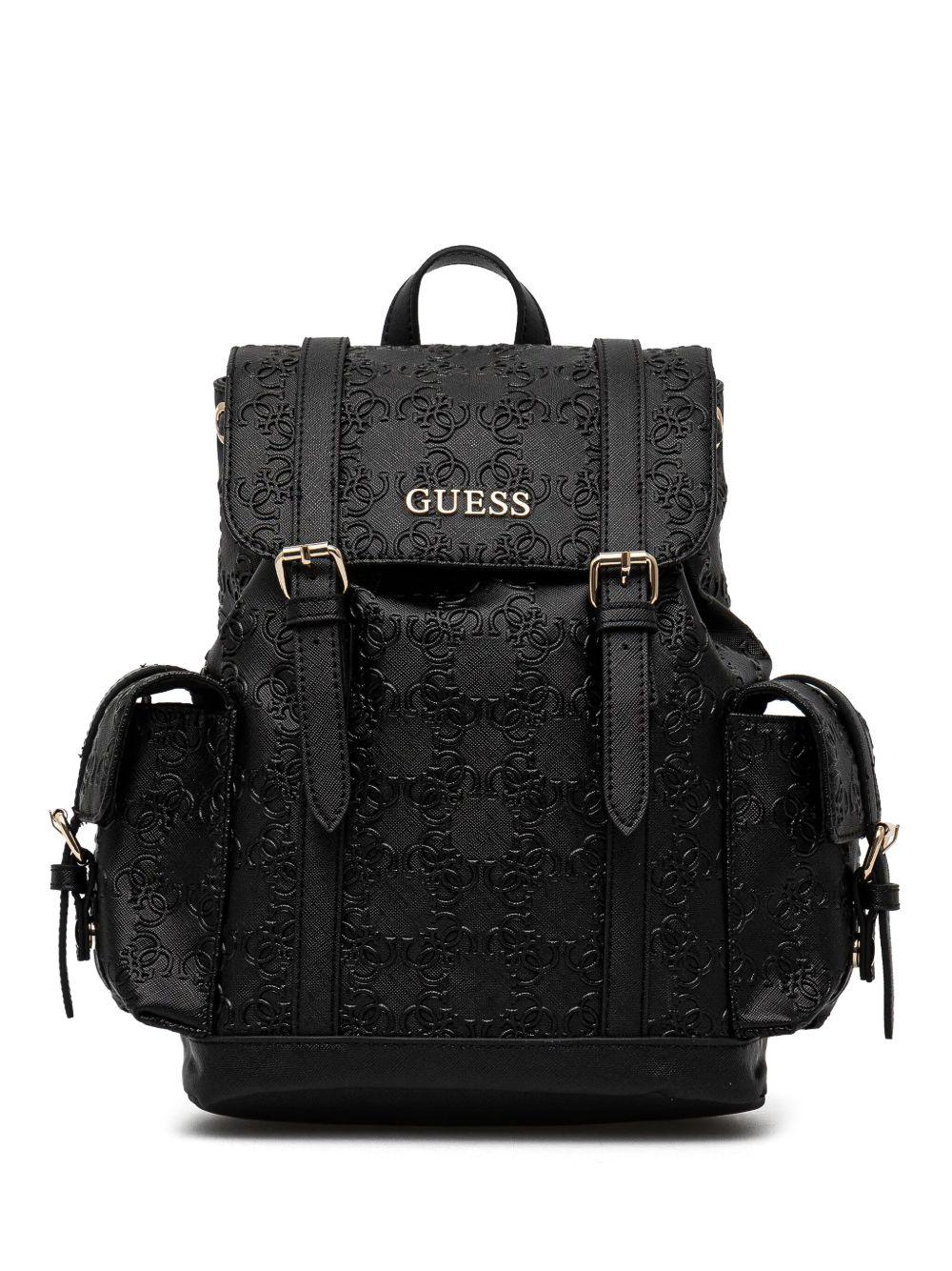 guess kacee mini logo backpack Wrangler Black Cow Print Convertible Leather a tablet pocket for quick access on the go Guess Embossed Backpack