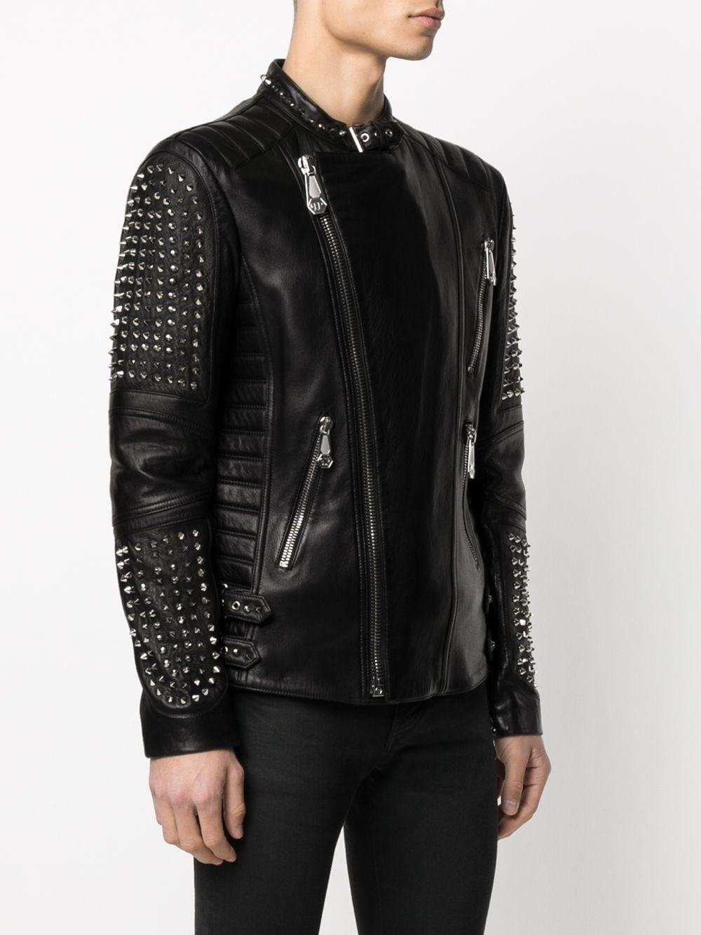 Philipp Plein Leather Zipped Studded Biker Jacket in Black for Men - Lyst