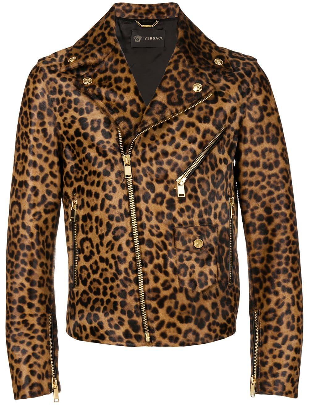 L'Agence Leopard Print Leather Moto Jacket in Natural