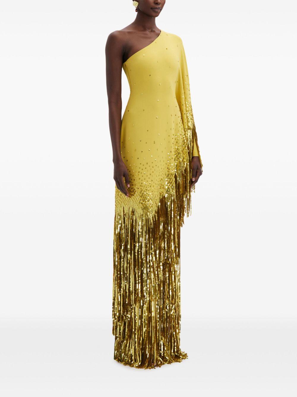 Oscar de la Renta One Shoulder Sequinned Fringed Kaftan in Metallic | Lyst