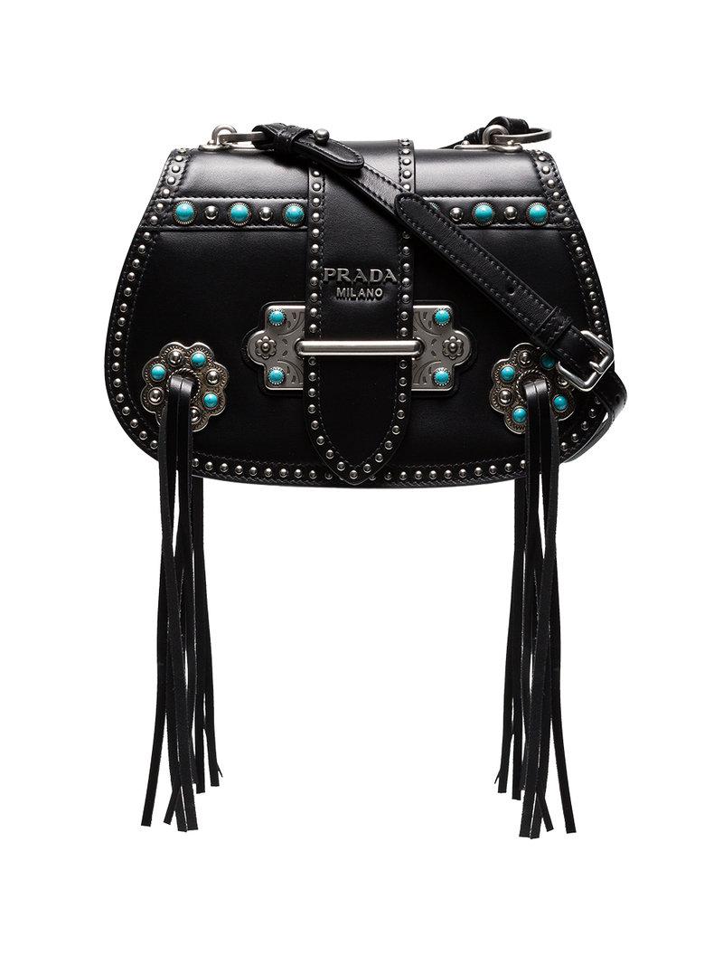 Prada Folk Saddle Studded Leather Cross-body Bag in Black - Lyst