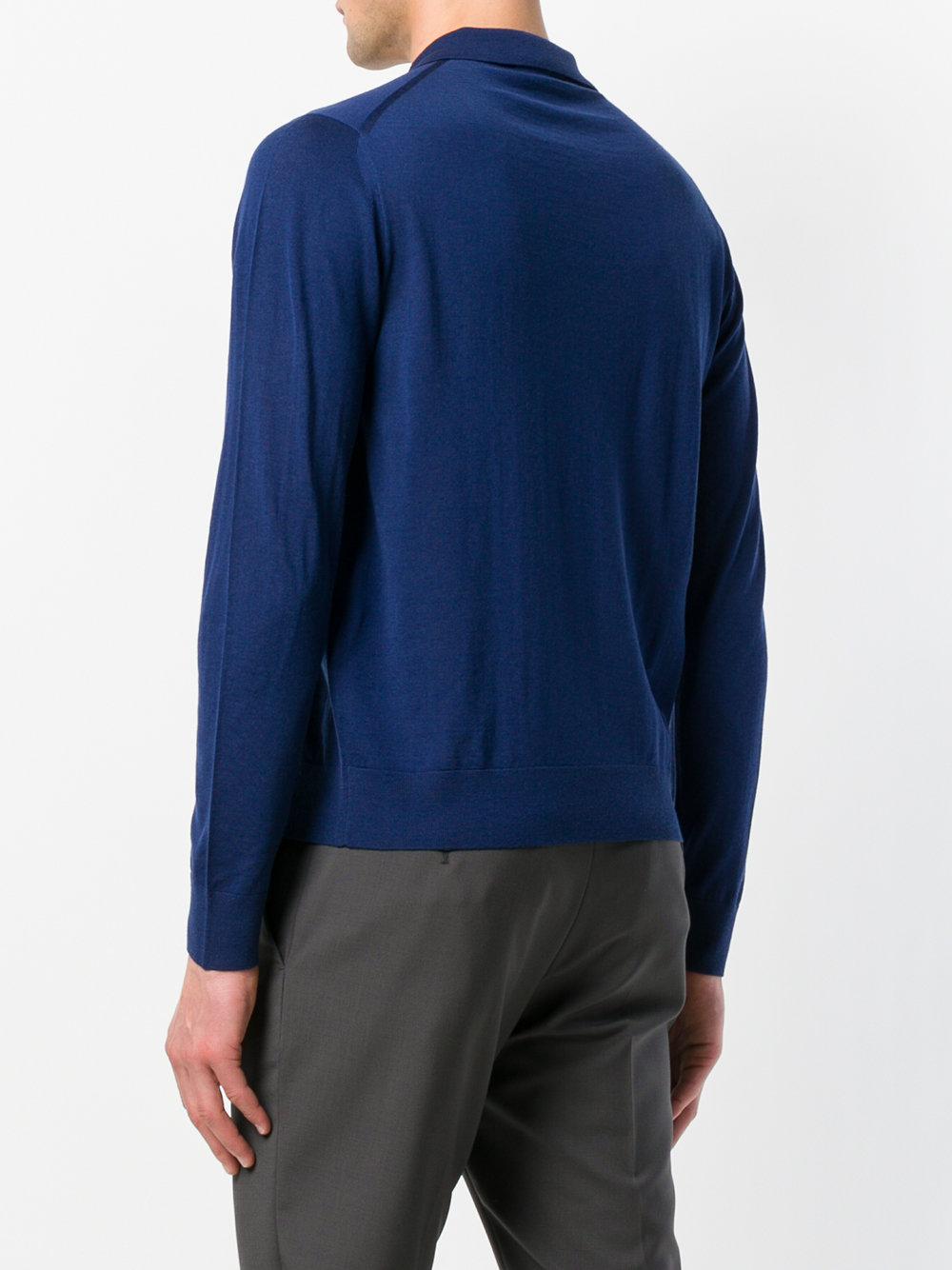 Prada Wool Long Sleeve Polo Shirt in Blue for Men - Lyst