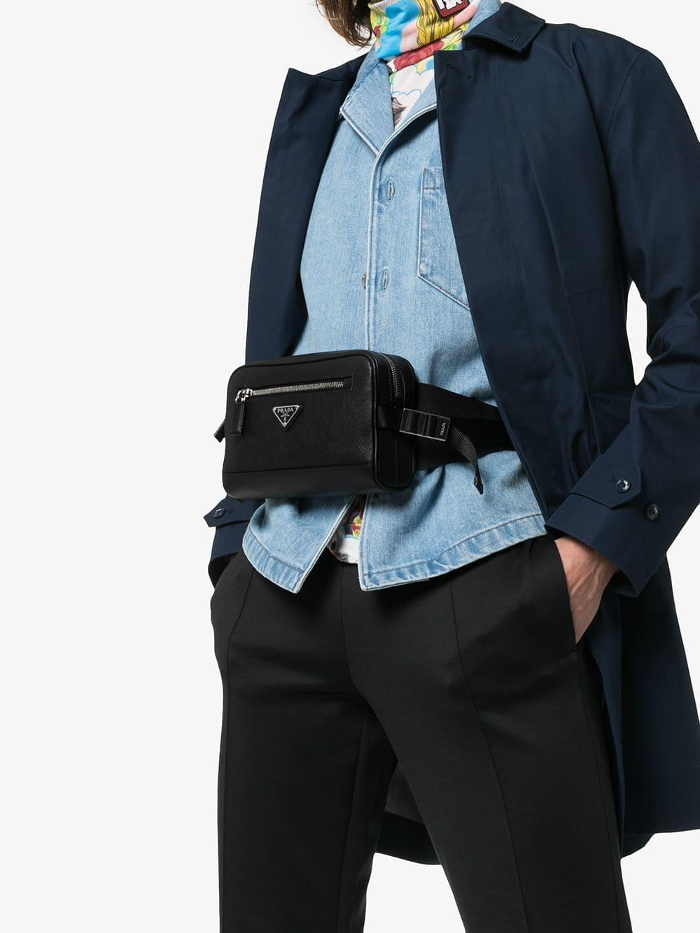 Prada Black Logo Saffiano Leather Belt Bag for Men | Lyst