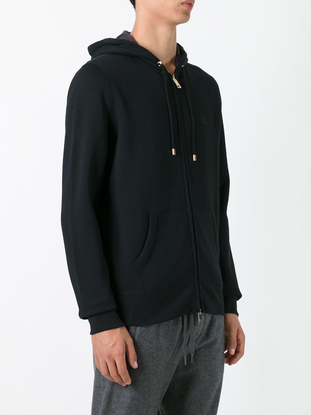 Burberry Cotton Logo Embroidered Zipped Hoodie in Black for Men - Lyst