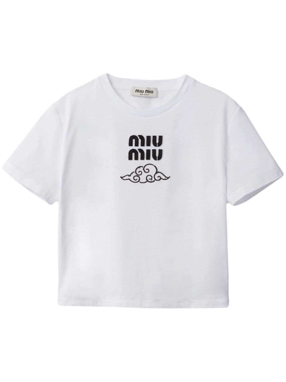 miu miu ロゴ刺繍 クロップドTシャツ ホワイト 割引レディース - 22SS miu miu ミュウミュウ ロゴ 刺繍