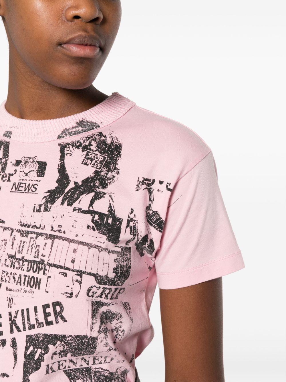 white shirt with pink graphic