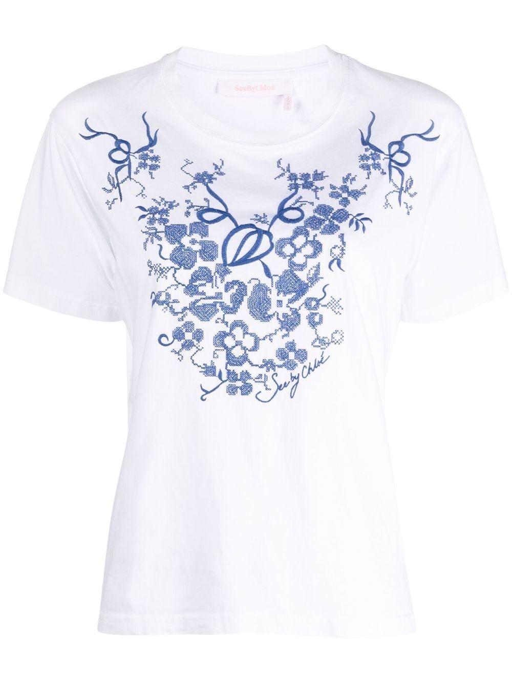 See By Chloé Embroidered Short-sleeve T-shirt in Blue | Lyst