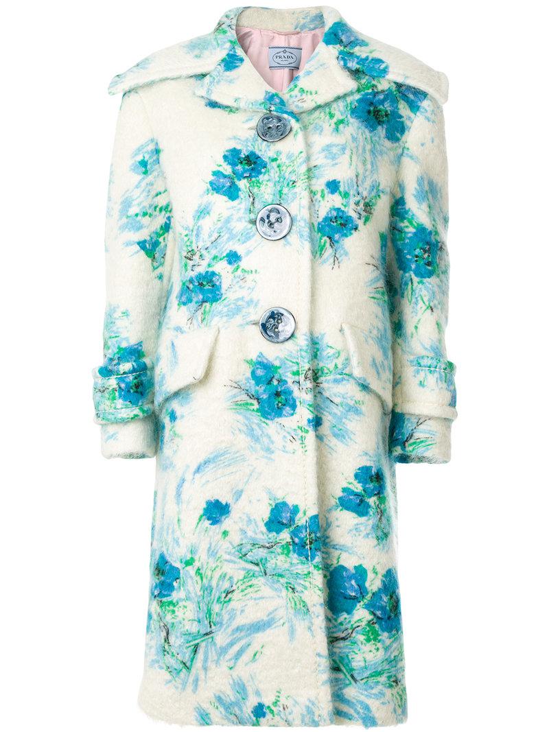Prada Floral Patterned Coat in White | Lyst