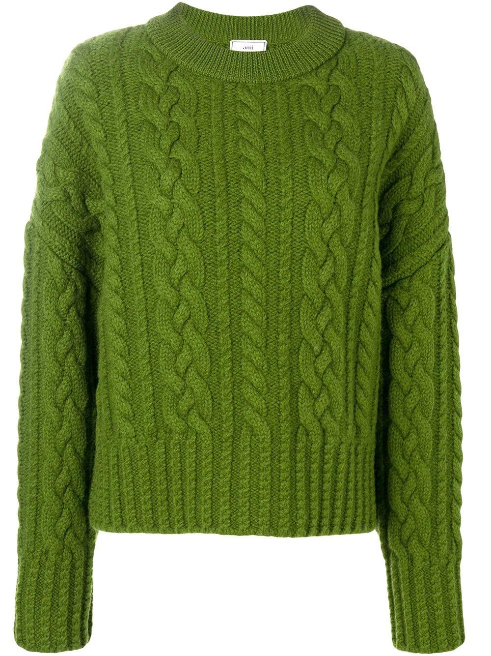 AMI Wool Crew Neck Cable Knit Oversize Sweater in Green - Lyst
