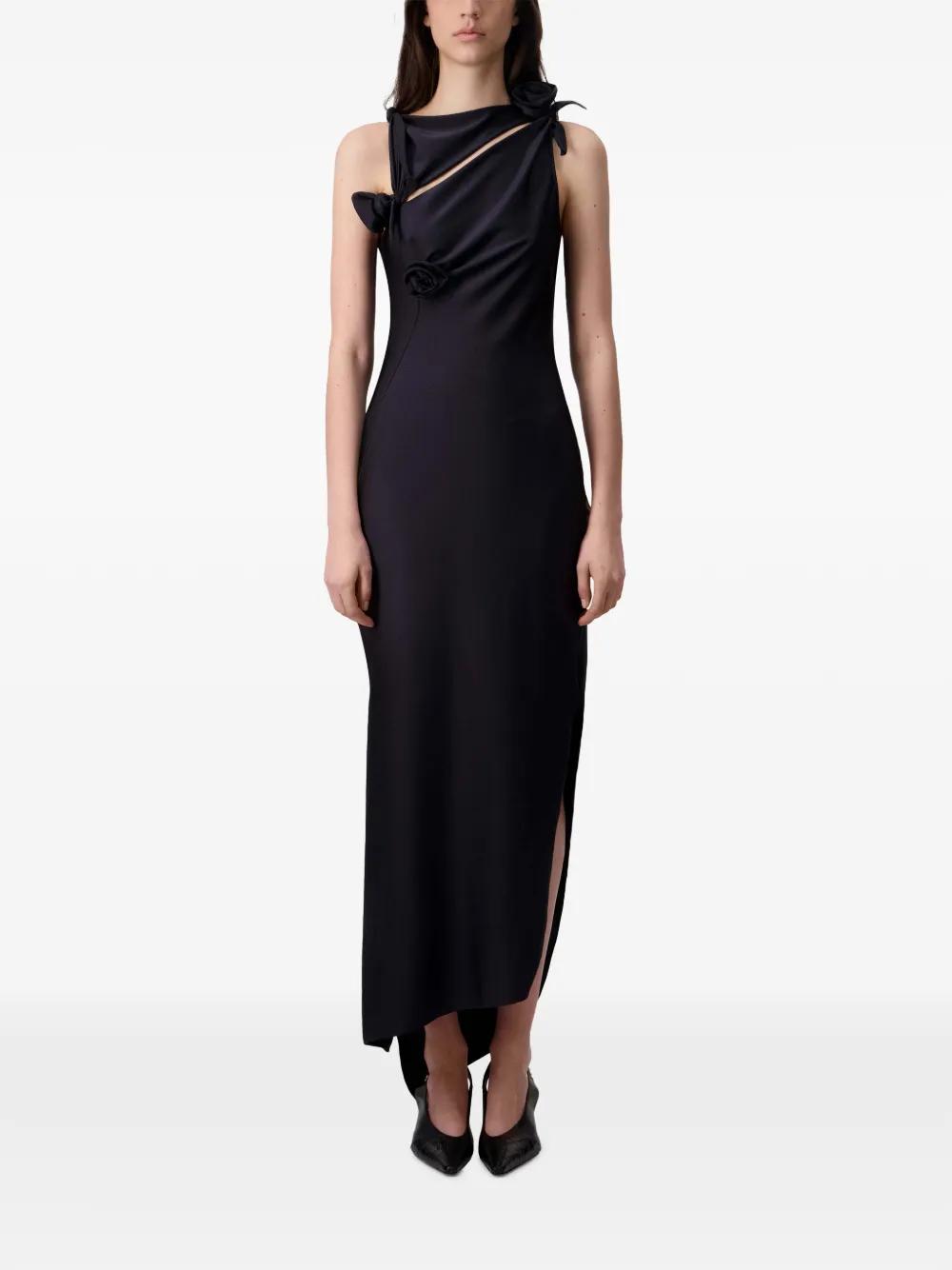 blue coperni dress Flower Detail Asymmetric And Sculptural Gown in Color:Patent Black