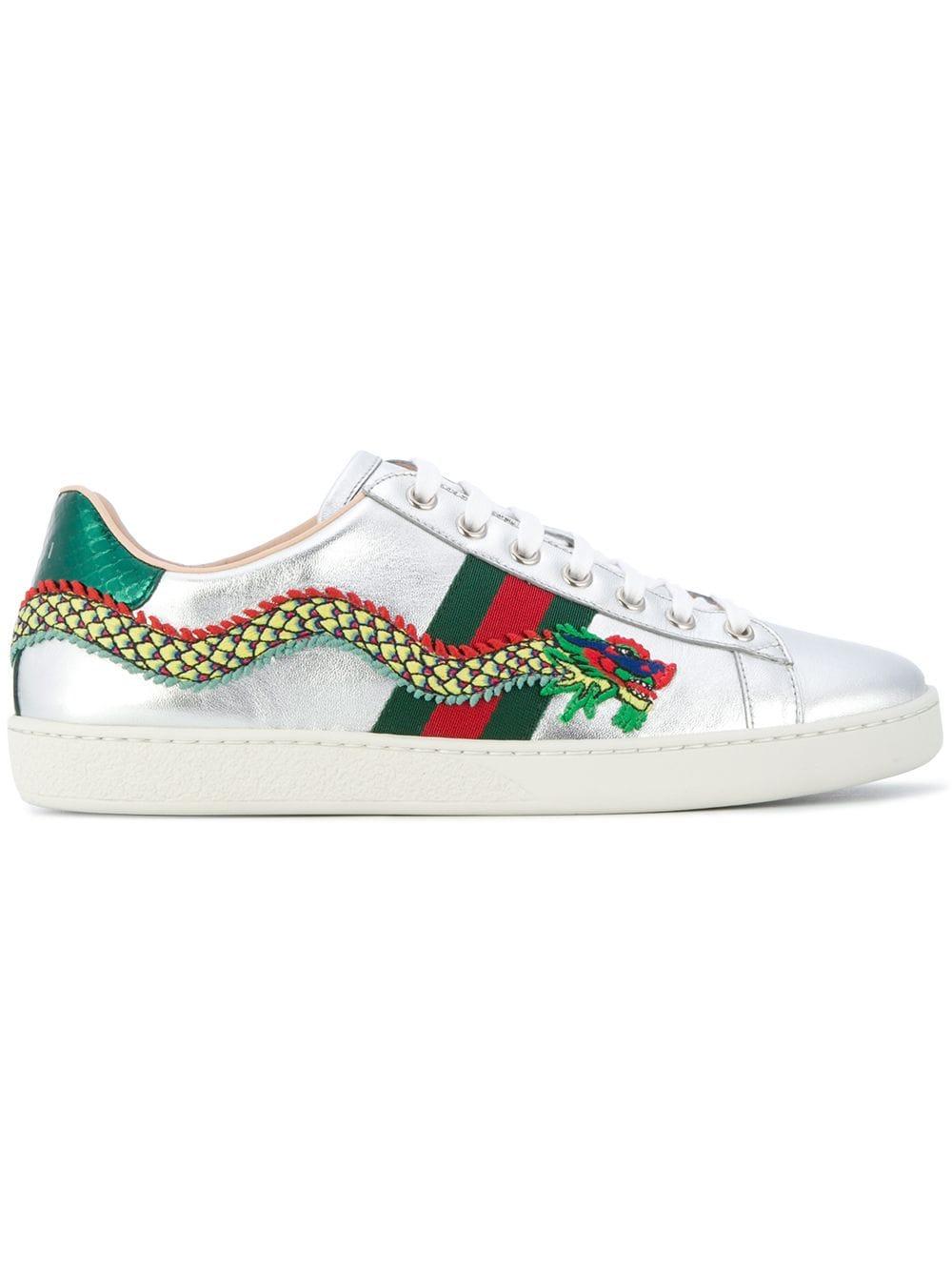 af at ringe Ubetydelig Gucci Ace Dragon Embroidered Sneakers in Metallic | Lyst