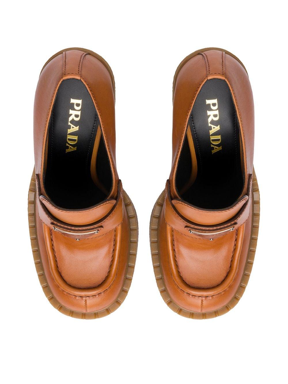 Prada Brown Loafers with Logo Plaque, M9 Prada Logo-Plaque Leather Loafers - Brown | Editorialist main image 4