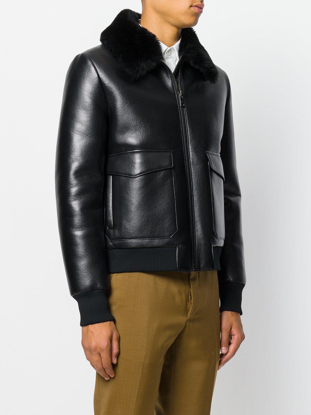 Prada Leather Shearling Collar Bomber Jacket in Black for Men - Lyst