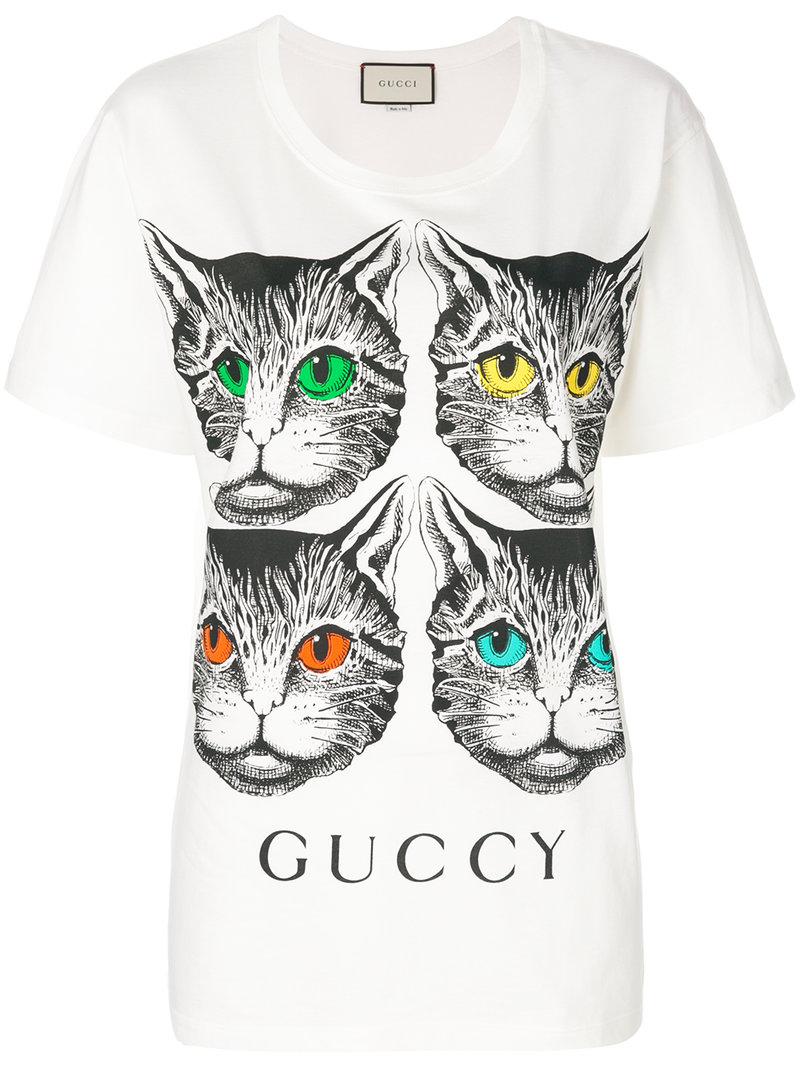 Gucci Mystic Cat And Guccy Print T-shirt in White