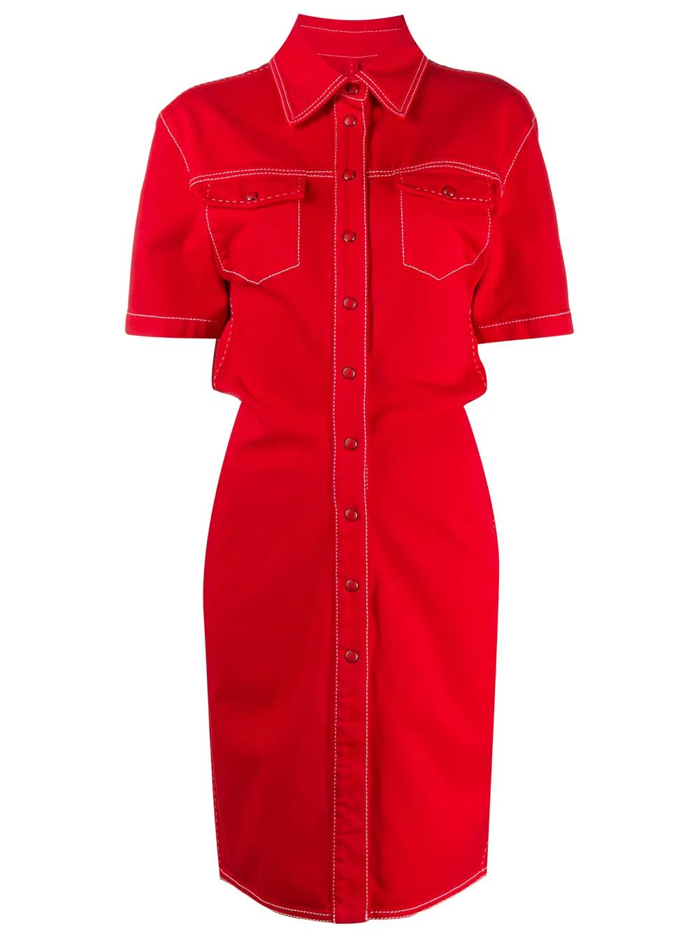 red denim shirt dress Karen Millen Womens Petite Denim Short Sleeve Shirt Dress - Red