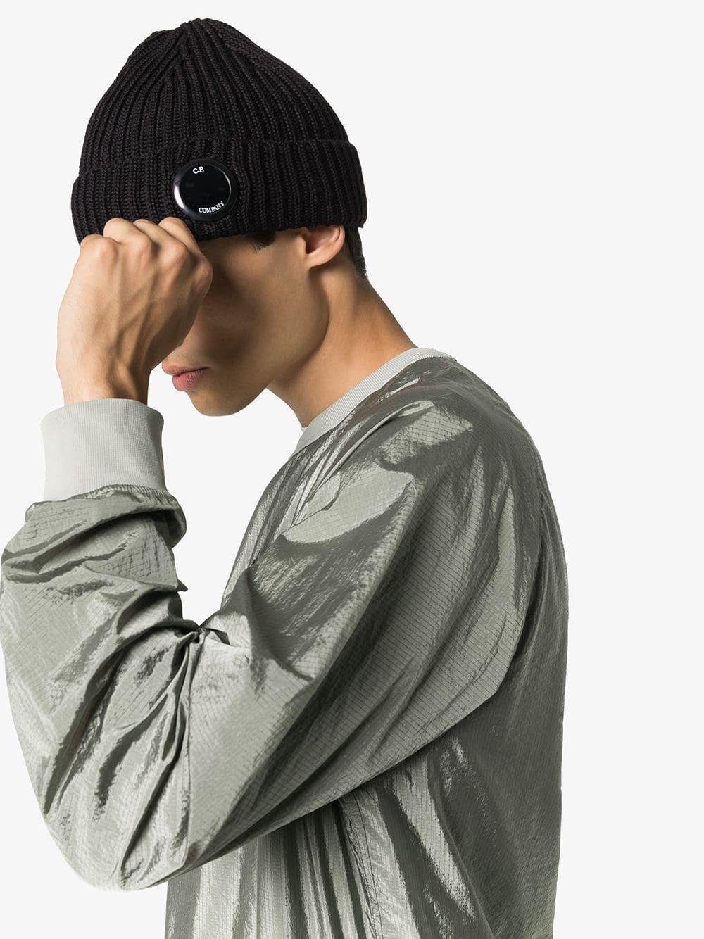 Black Ribbed toggle Lens Beanie for Men 