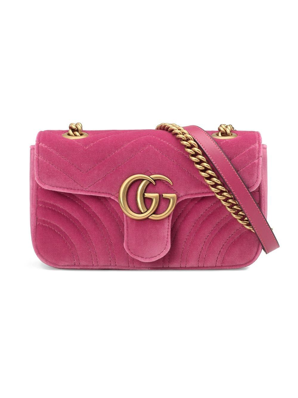 Gucci GG Marmont Matelasse Velvet Small Pink in Velvet with Gold