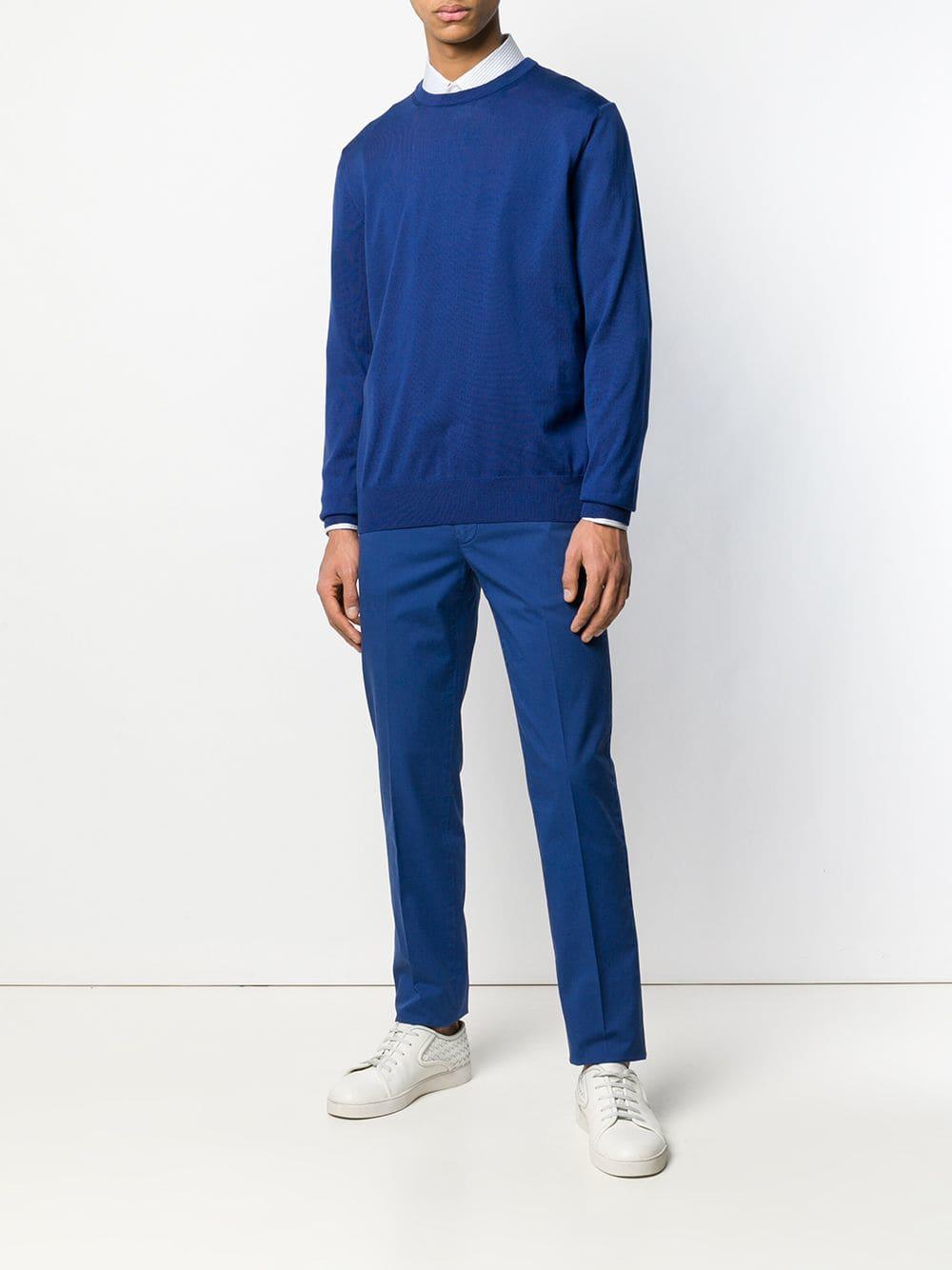 blue straight leg trousers