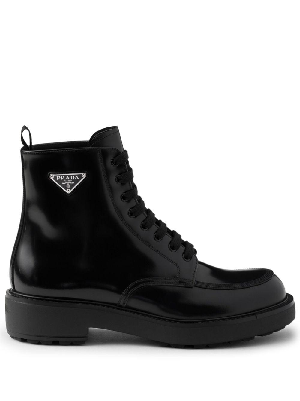 Prada Leather Logo Plate Lace Up Boots in Black for Men Lyst UK