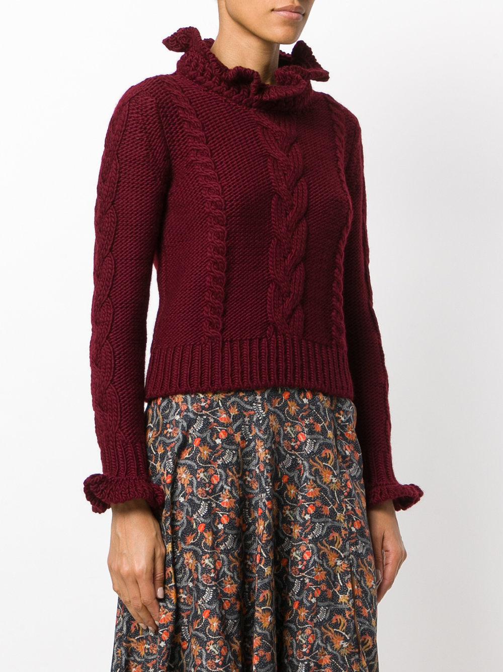 See By ChloÃ© Wool Frilled Cable Knit Sweater in Red - Lyst