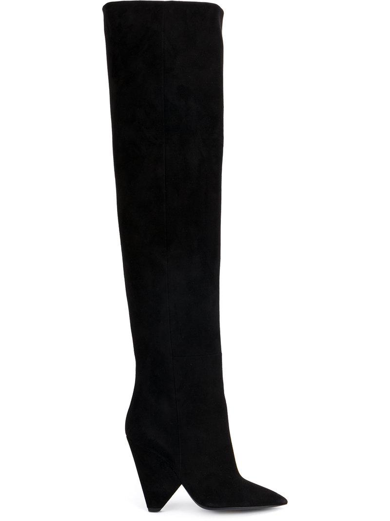 Saint Laurent Leather Niki Black Velvet Over The Knee Boots | Lyst